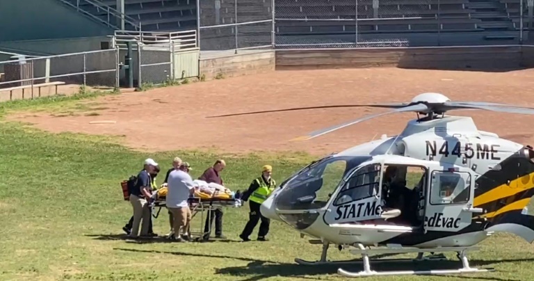 Salman Rushdie is taken to a medical evacuation helicopter near the Chautauqua Institution in New York state after being attacked while speaking on stage. (AFP Photo)