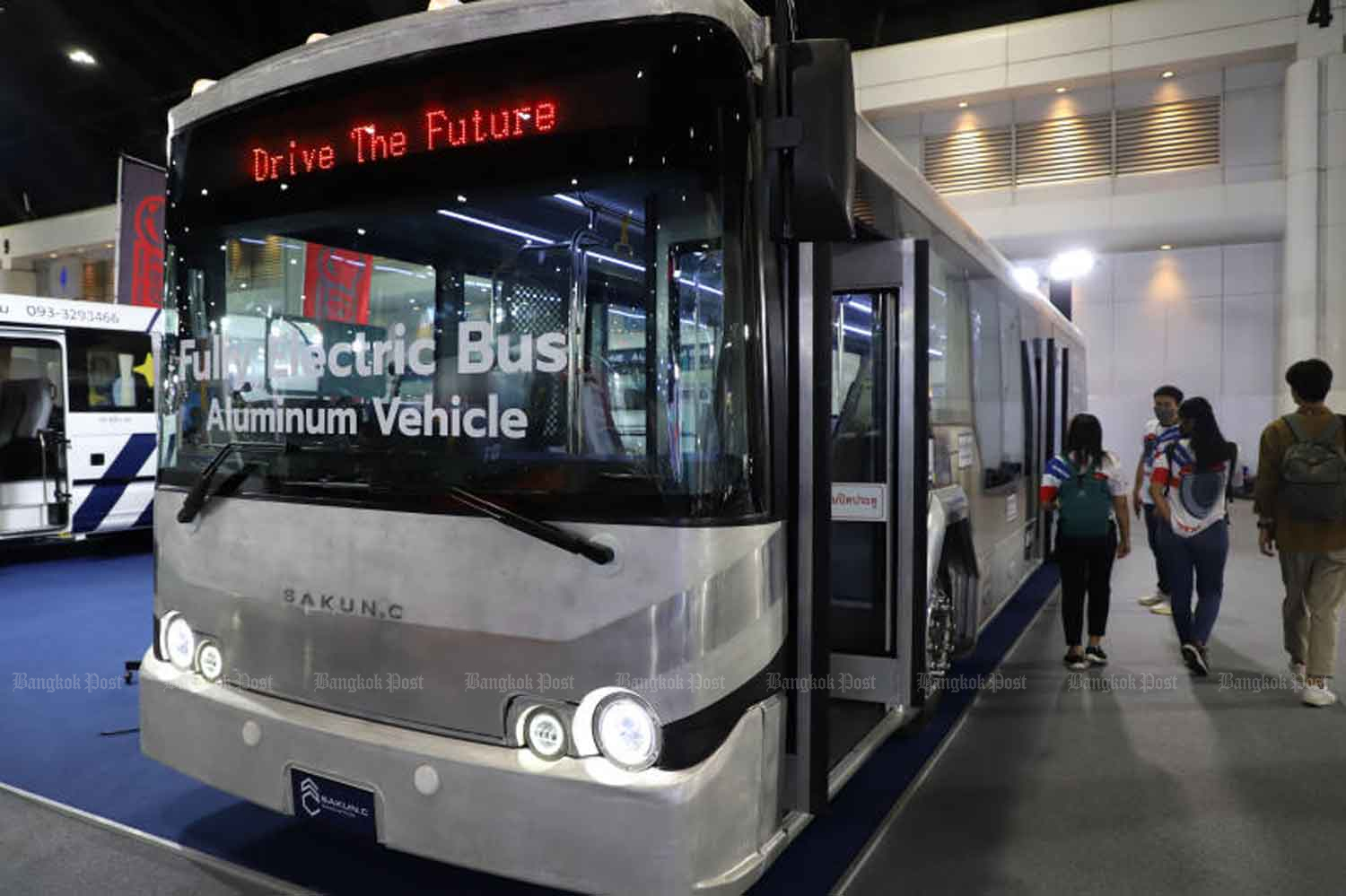 An electric bus is exhibited at a motor show in Nonthaburi province in March. (Photo: Varuth Hirunyatheb)