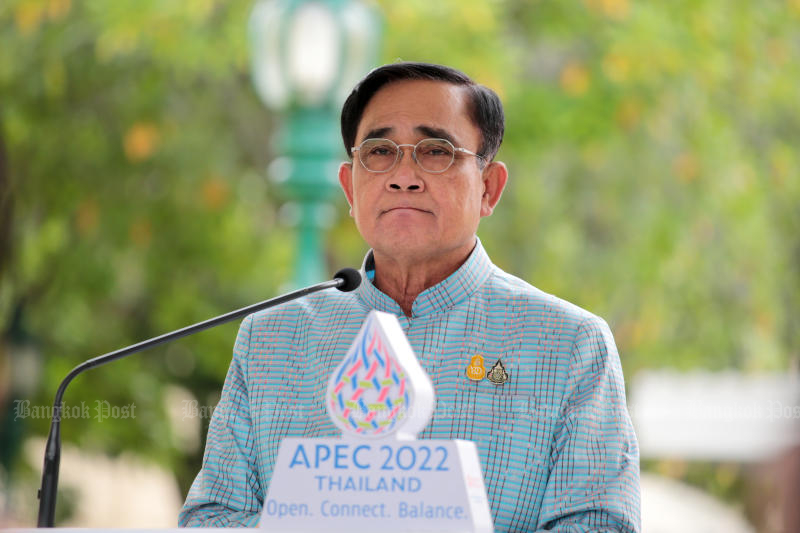 Prime Minister Prayut Chan-o-cha listens to questions from reporters at Government House, Bangkok, after his weekly cabinet meeting on Tuesday. (Photo: Chanat Katanyu)