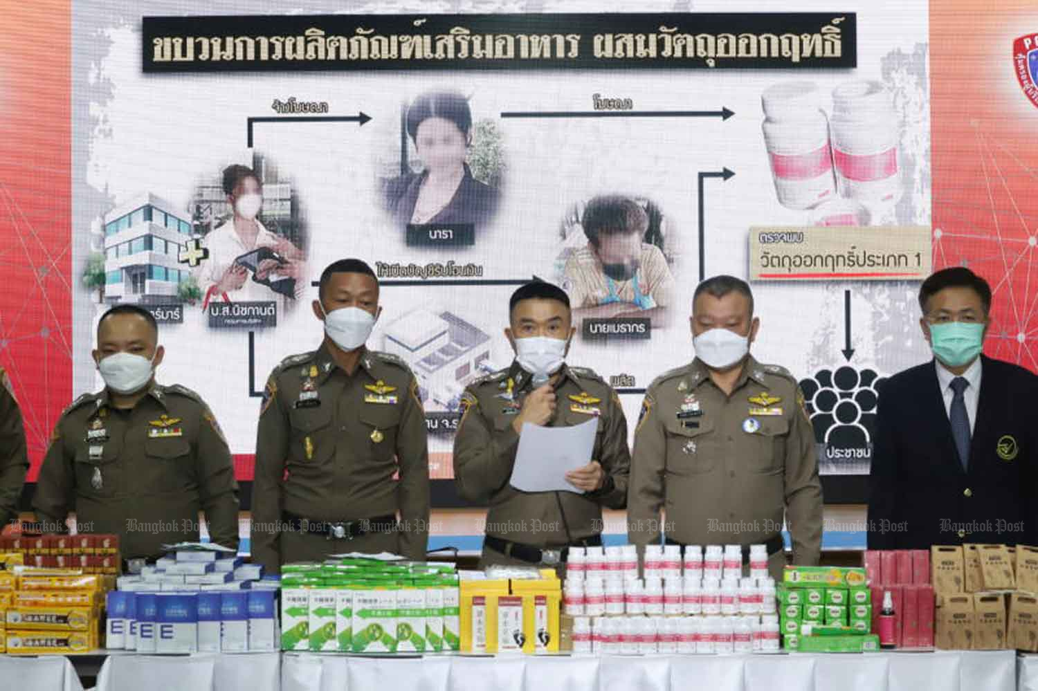 Police and Food and Drug Administration officials brief reporters on the arrest of transgender influencer Nara Crepe Katoey and others for allegedly selling dietary supplements containing a harmful psychoactive substance, at the Central Investigation Bureau in Bangkok on Tuesday. (Photo: Pattarapong Chatpattarasill)