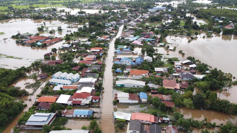 An aerial view of the flood situation in Chum Phuang district, Nakhon Ratchasima province, on Tuesday. (Photo: Prasit Tangprasert)