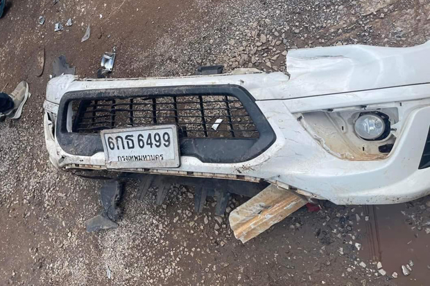 Part of the vehicle believed to have been driven by suspected killer Pol Cpl Panya Khamrab, left behind as he fled a childcare centre in Na Klang district of Nong Bua Lamphu province on Thursday. (Photo: Nong Bua Lamphu police)