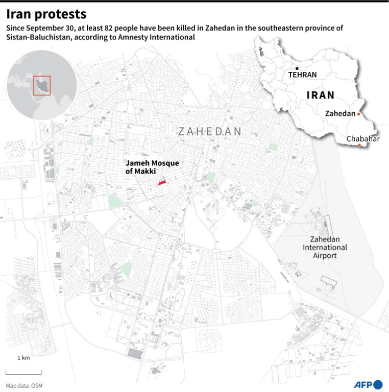 Graphic including showing map of Zahedan, where at least 82 people have been killed during protests since September 30 Graphic including showing map of Zahedan, where at least 82 people have been killed during protests since September 30