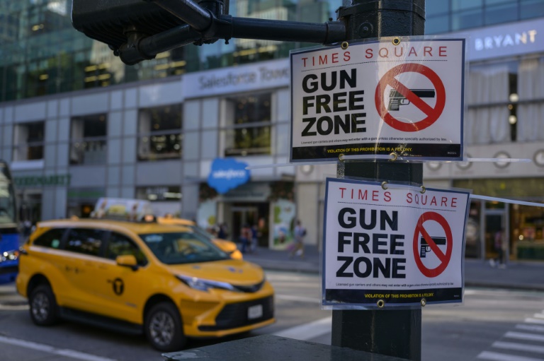 Times Square in New York City was declared a gun-free zone after the state implemented new restrictions on carrying firearms outside the home, but a judge has now blocked those restrictions Times Square in New York City was declared a gun-free zone after the state implemented new restrictions on carrying firearms outside the home, but a judge has now blocked those restrictions