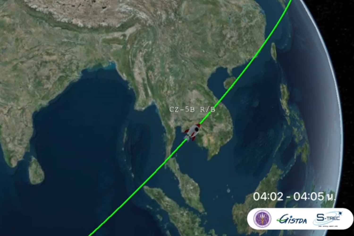 The path of the falling Longmarch 5B-Y4 rocket body over Thailand early Friday morning. (Photo: Gistda)