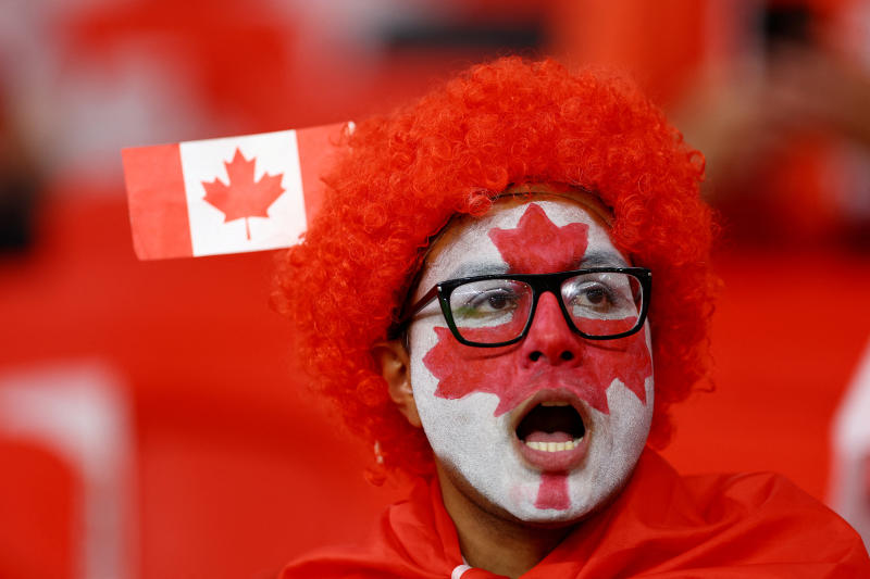 A Canada fan inside Ahmad Bin Ali Stadium, Al Rayyan, Qatar, on Wednesday before the match between Canada and Belgium on Wednesday. (Reuters photo)