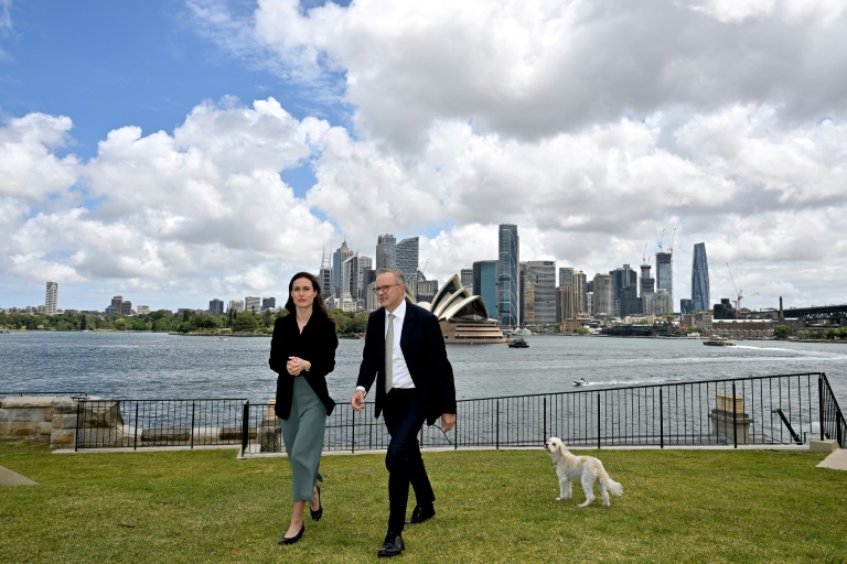 Australian Prime Minister Anthony Albanese (R) welcomes Finland’s Prime Minister Sanna Marin at Kirribilli House in Sydney Australian Prime Minister Anthony Albanese (R) welcomes Finland’s Prime Minister Sanna Marin at Kirribilli House in Sydney
