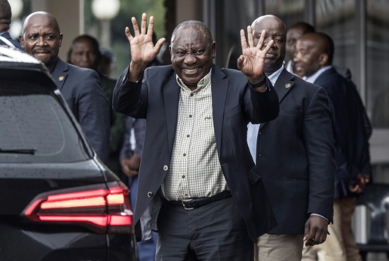 Ramaphosa waves after a meeting of the ANC's paramount body, the National Executive Committee, in Johannesburg on Monday Ramaphosa waves after a meeting of the ANC's paramount body, the National Executive Committee, in Johannesburg on Monday