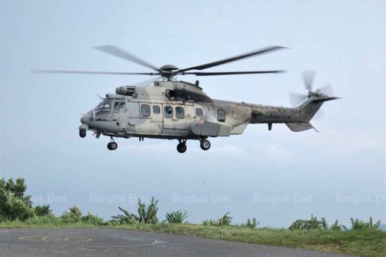 An air force EC725 helicopter deploys to take part in the search for missing sailors from HTMS Sukhothai in the Gulf of Thailand. (Photo supplied)