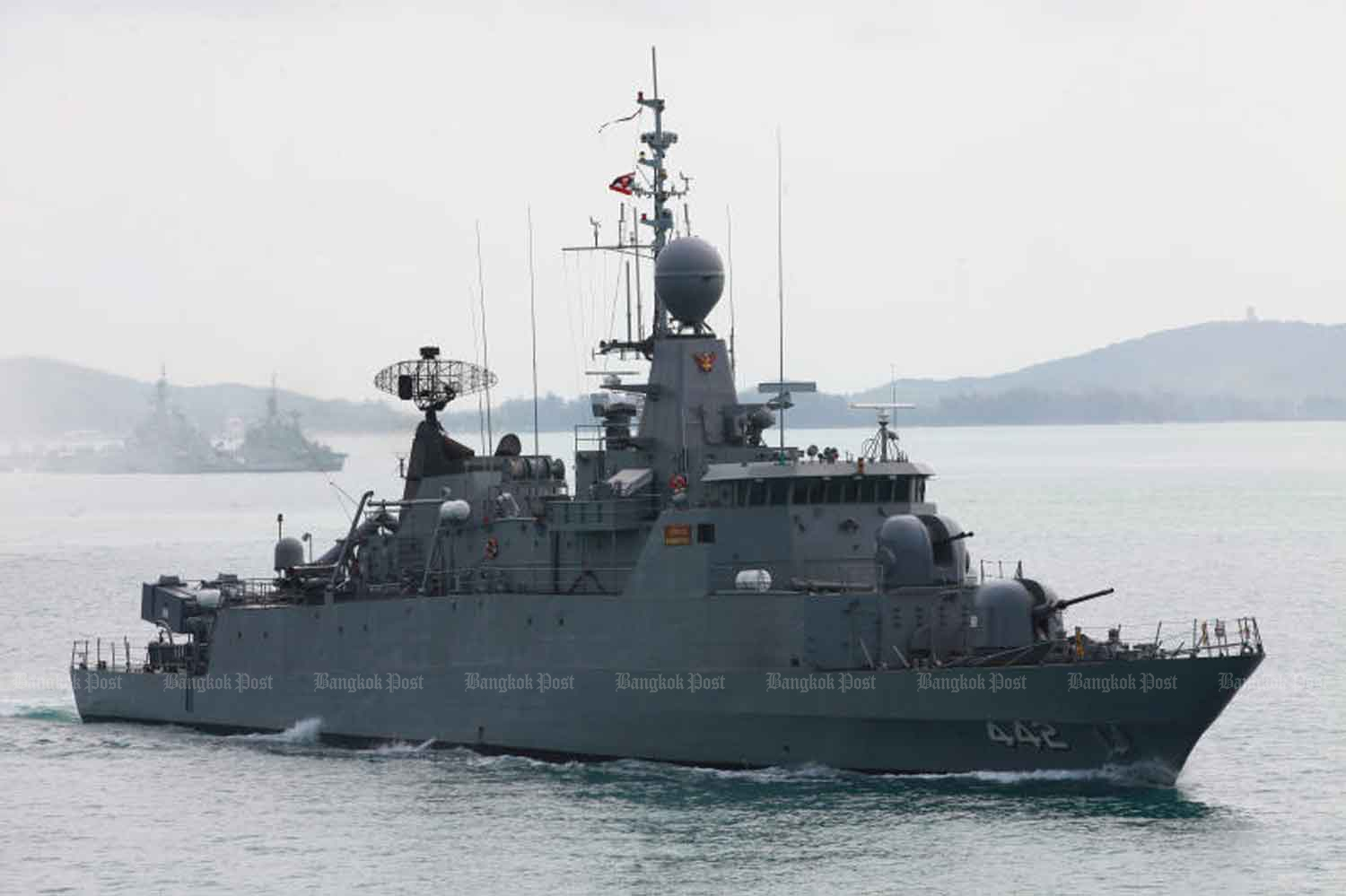 HTMS Sukhothai at an annual military drill at Sattahip Naval Base in Chon Buri in March this year, when it launched torpedoes. The corvette sank on Sunday. (Photo: Apichart Jinakul)