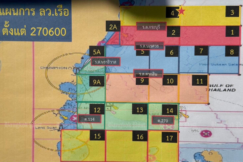 The zoning grid for Royal Thai Navy and other ships participating in the joint search for the missing crewmen of HTMS Sukhothai. (Photo: Royal Thai Navy Facebook account)