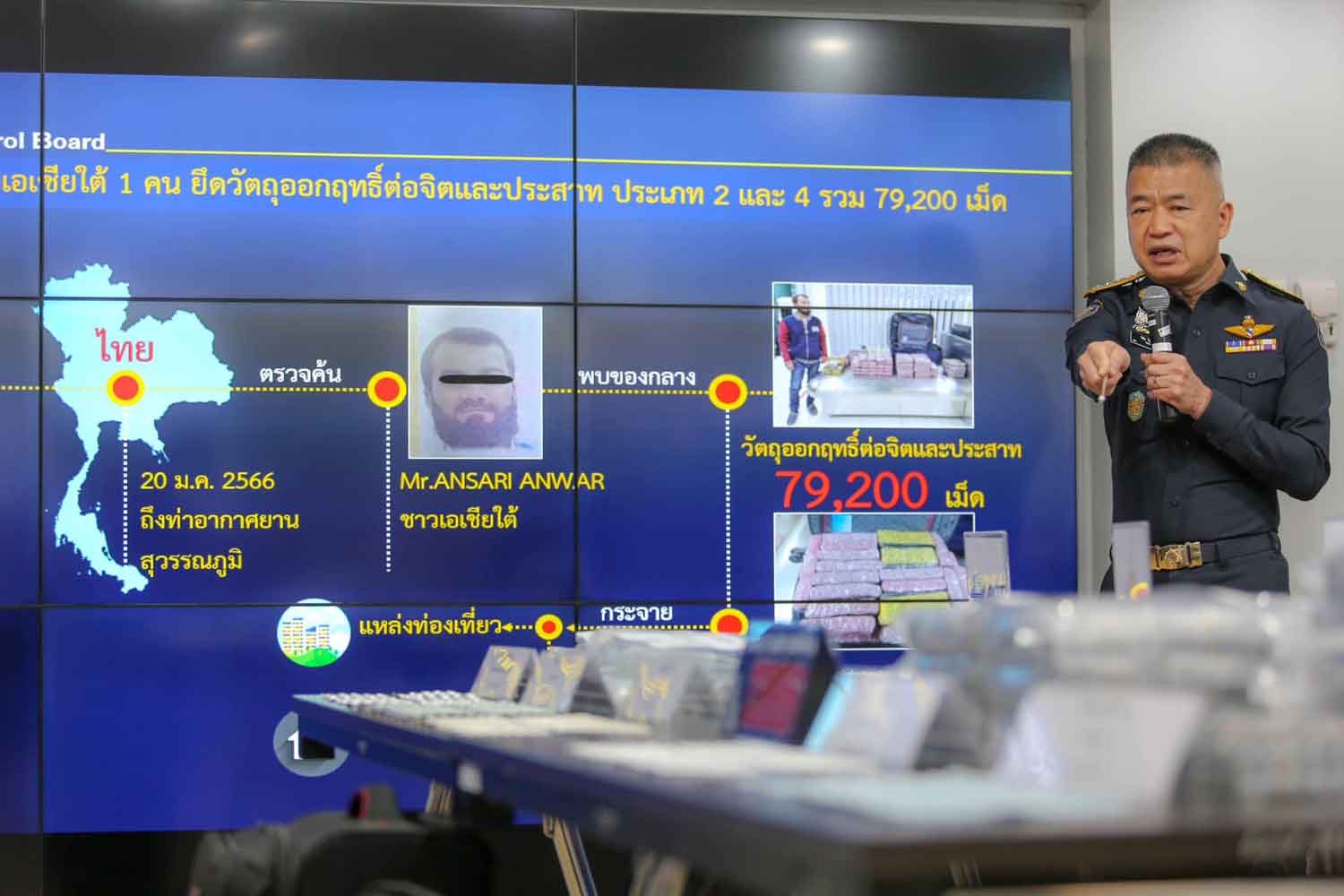 Wichai Chaimongkol, secretary-general of the Office of the Narcotics Control Board, briefs reportersat the ONCB headquarters on Monday on the arrest of a passenger from South Asia at Suvarnabhumi airport with a large quantity of drugs. (Photo: ONCB)