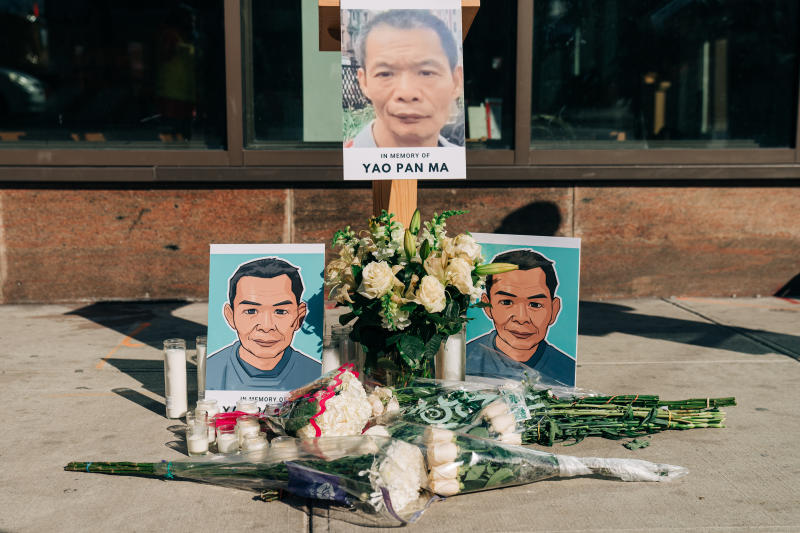 A memorial to Yao Pan Ma, on Jan 21, 2021, who spent eight months in a coma before dying as a result of the injuries he sustained in a 2021 attack. (Photo: New York Times)