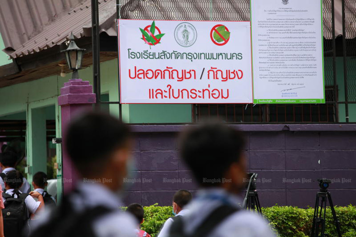 A signpost banning cannabis and other illicit drugs is put up in front of a school run by the Bangkok Metropolitan Administration. (Photo: Apichart Jinakul)