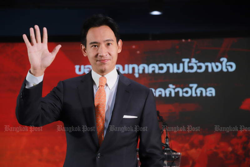 Move Forward leader Pita Limjaroenrat announcing his party's election victory on Monday. (Photo: Somchai Poomlard)