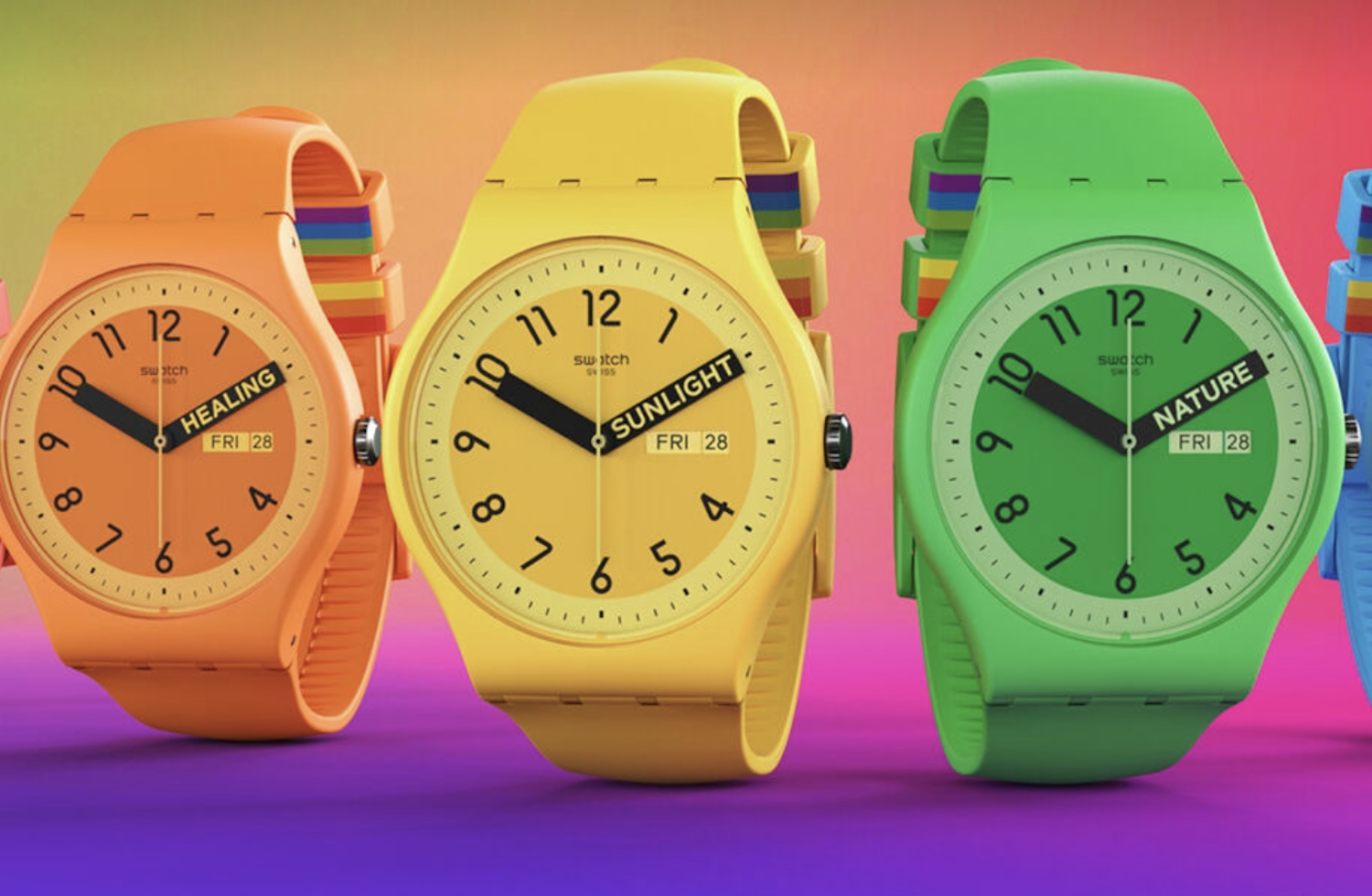 Swatch “Pride collection” watches come in the colours of the famous rainbow flag. (Photo: Swatch.com)