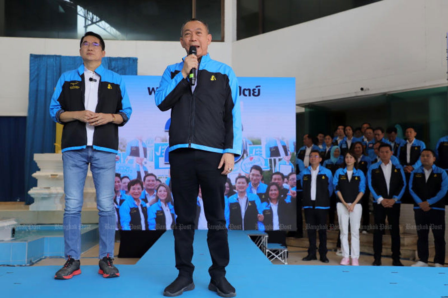 Agriculture and Cooperatives Minister Chalermchai Sri-on, secretary-general of the Democrat Party, speaks at the launch of the party's election campaign on April 8 (Photo: Chanat Katanyu)