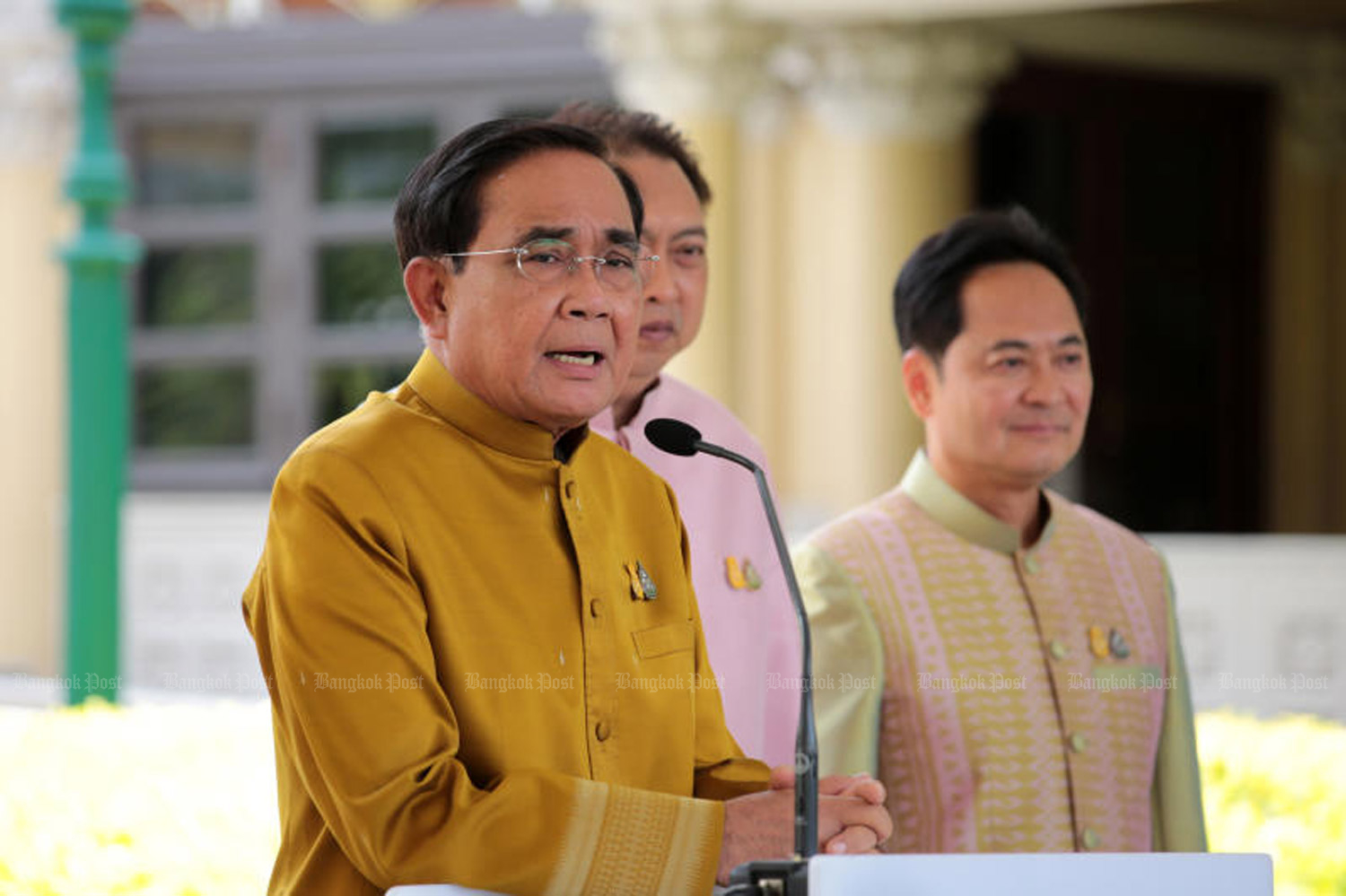 Prime Minister Prayut Chan-o-cha speaks to reporters at Government House on Tuesday. (Photo: Chanat Katanyu)