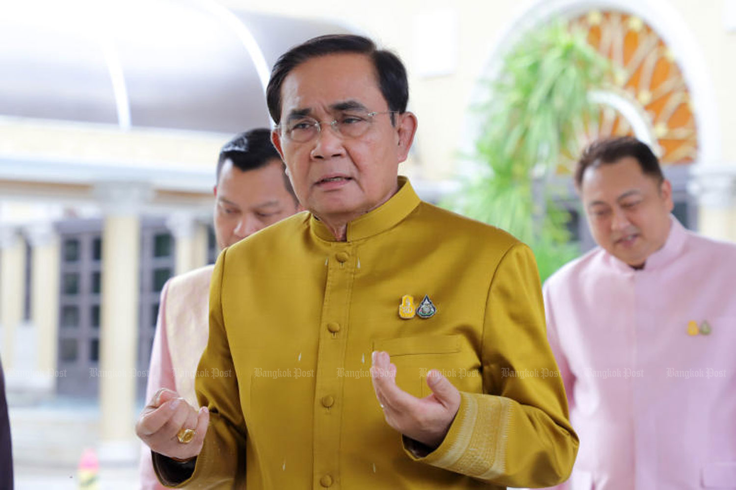 Outgoing Prime Minister Prayut Chan-o-cha prepares to hold a press conference after the weekly cabinet meeting on Tuesday. (Photo: Chanat Katanyu)