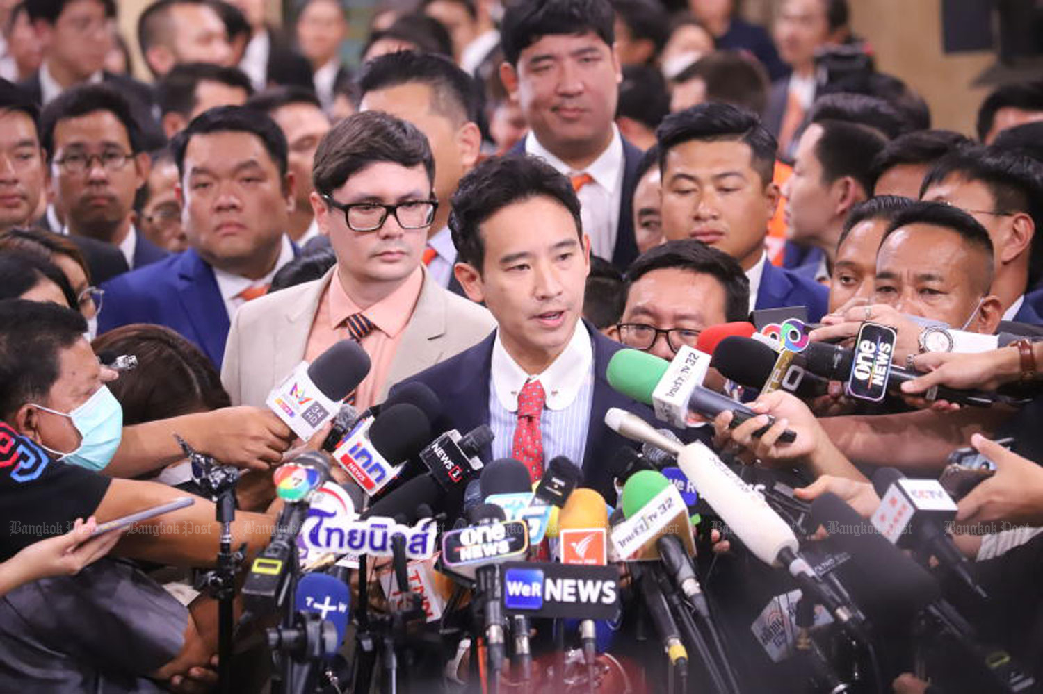 Move Forward Party (MFP) leader Pita Limjaroenrat speaks to reporters after he failed to win a majority vote from parliament for his premiership on Thursday.(Photo: Pornprom Sarttarpai)