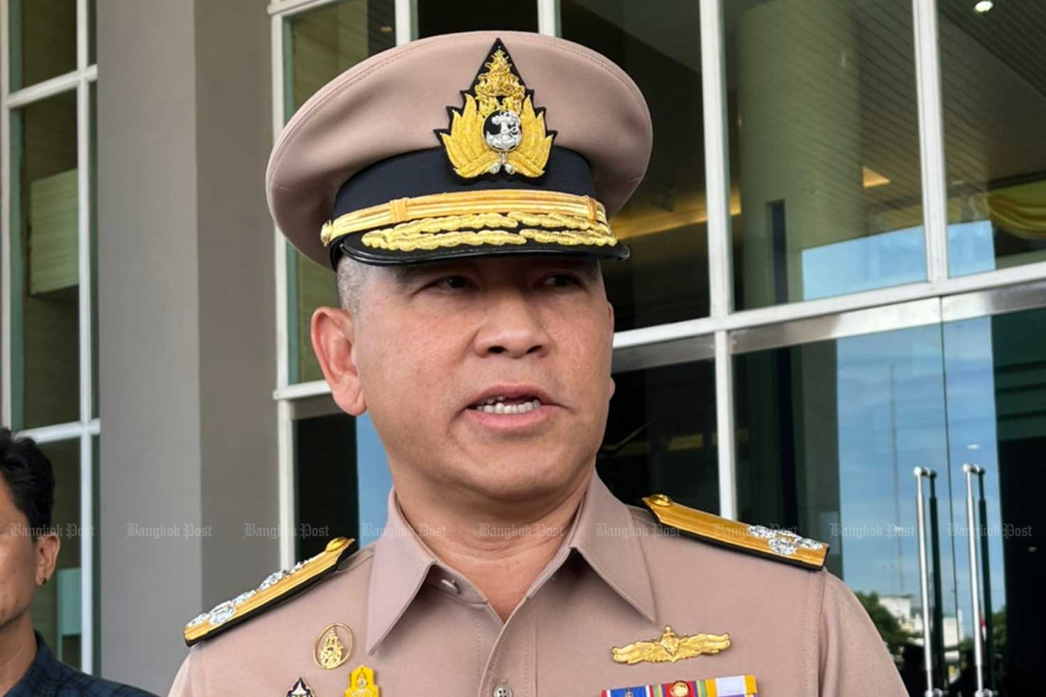 Navy chief Adm Choengchai Chomchoengpaet speaks with reporters at the navy headquarters on Thursday. (Photo: Wassana Nanuam)