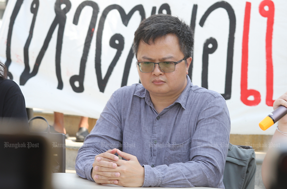 Human rights lawyer Arnon Nampa takes part in a political gathering at the Democracy Monument in Bangkok in March 2023. (Photo: Pornprom Satrabhaya)