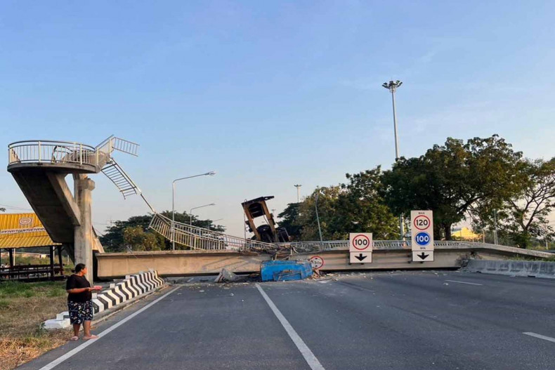 Bangkok Post Raised dump truck collapses footbridge, partly closing
