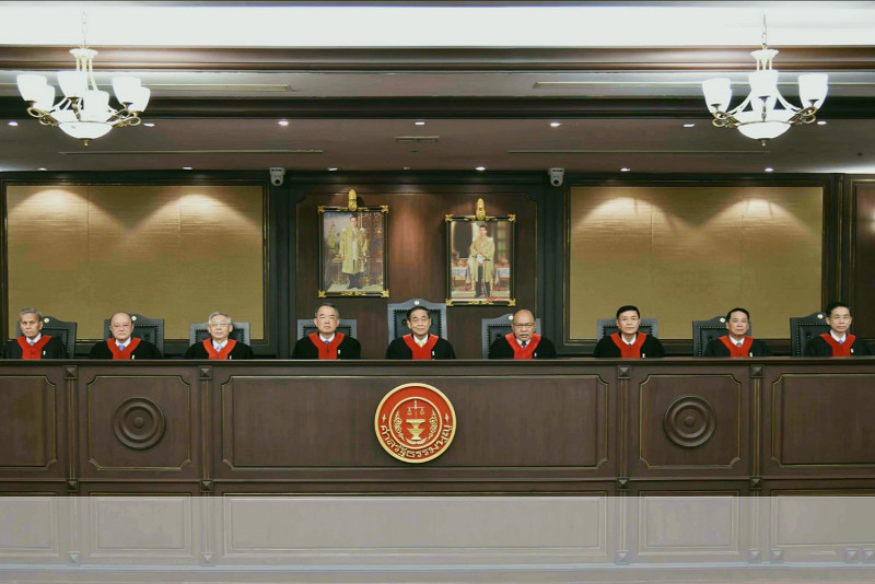 The Constitutional Court judges deliver their ruling against the Move Forward Party on Wednesday. (Screen capture from Constitutional Court YouTube channel)