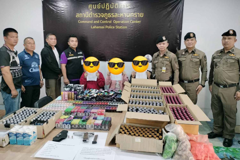 Police in Lahan Sai district, Buri Ram, arrest vendors of e-cigarettes and vaping liquid. (Photo: Surachai Piragsa)