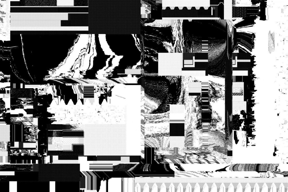 Monogrid: a black and white composition of torn image fragments, stripes and pixel blocks