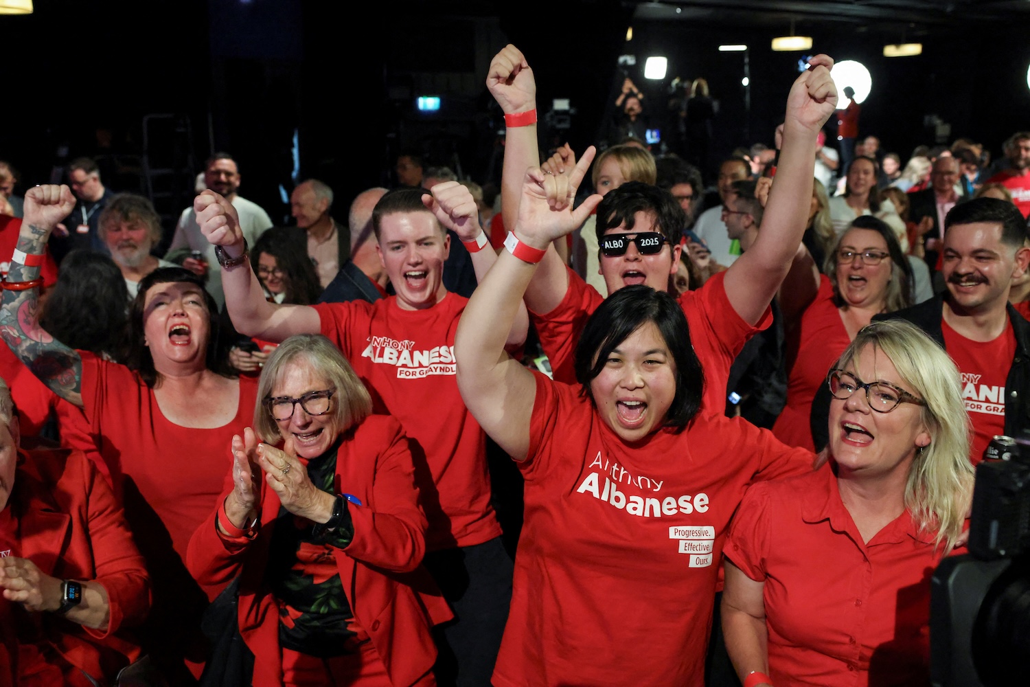 Supporters of Prime Minister Anthony Albanese react at a Labor Party election night event, after media outlets projected the Labor victory in the Australian federal election, in Sydney on May 3. (Photo: Reuters)
