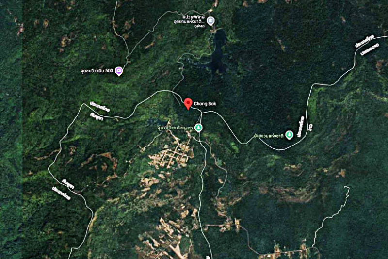 Google Maps shows Chong Bok, a mountain pass near the Thailand-Cambodia-Laos border.