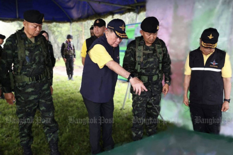 Defence Minister Phumtham Wechayachai gestures during an army briefing as he visits border areas in Nam Yuen district of Ubon Ratchathani province in northeastern Thailand on Wednesday. (Photo: 2nd Army Region Facebook account)