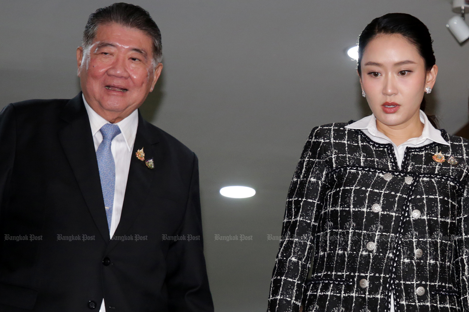 Defence Minister Phumtham Wechayachai and Prime Minister Paetongtarn Shinawatra meet reporters after a National Security Council meeting on Friday. (Photo: Chanat Katanyu)