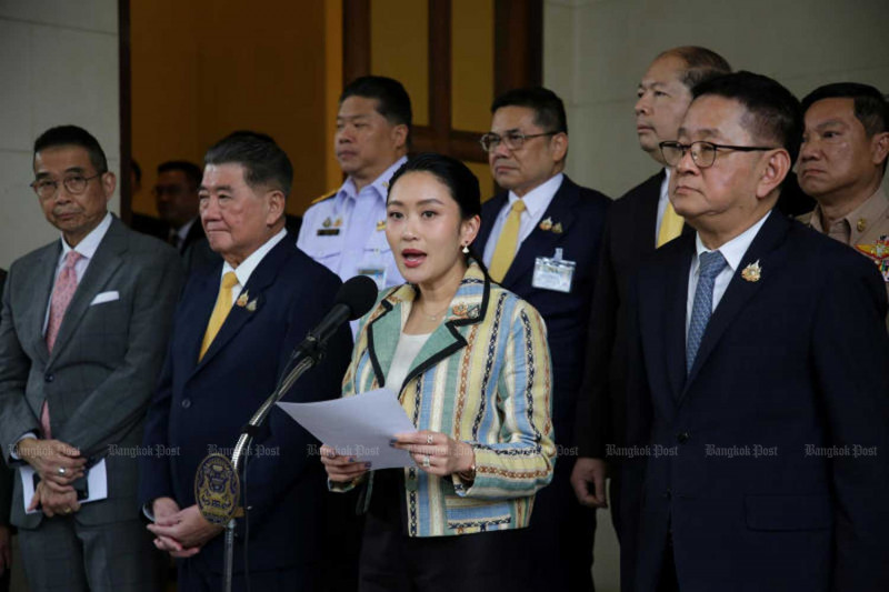 Prime Minister Paetongtarn Shinawatra announces harsher measures to tackle scams based in Cambodia, at Government House on Monday. Chanat Katanyu