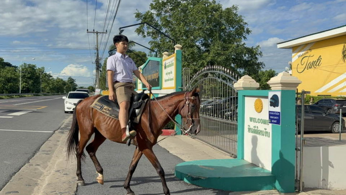 Thailändischer Schüler reitet jeden Tag auf einem Pferd zur Schule
