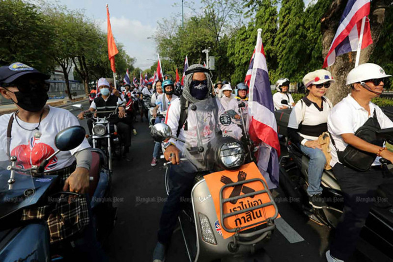 Around 1,200 demonstrators from the Network of Students and People Reforming Thailand and the ‘Anti-Casino’ alliance gather outside parliament in April to protest the controversial draft bill on entertainment complexes, which seeks to legalise casinos. (Photo: Chanat Katanyu)