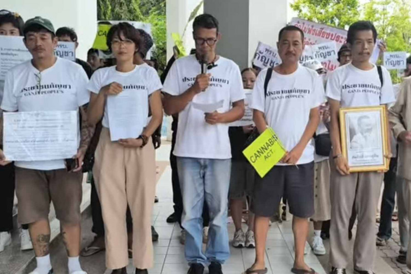 Members of the Writing Thailand’s Cannabis Future network state their case at the Public Health Ministry in Nonthaburi on Tuesday. (Photo: the cannabis network's Facebook page)