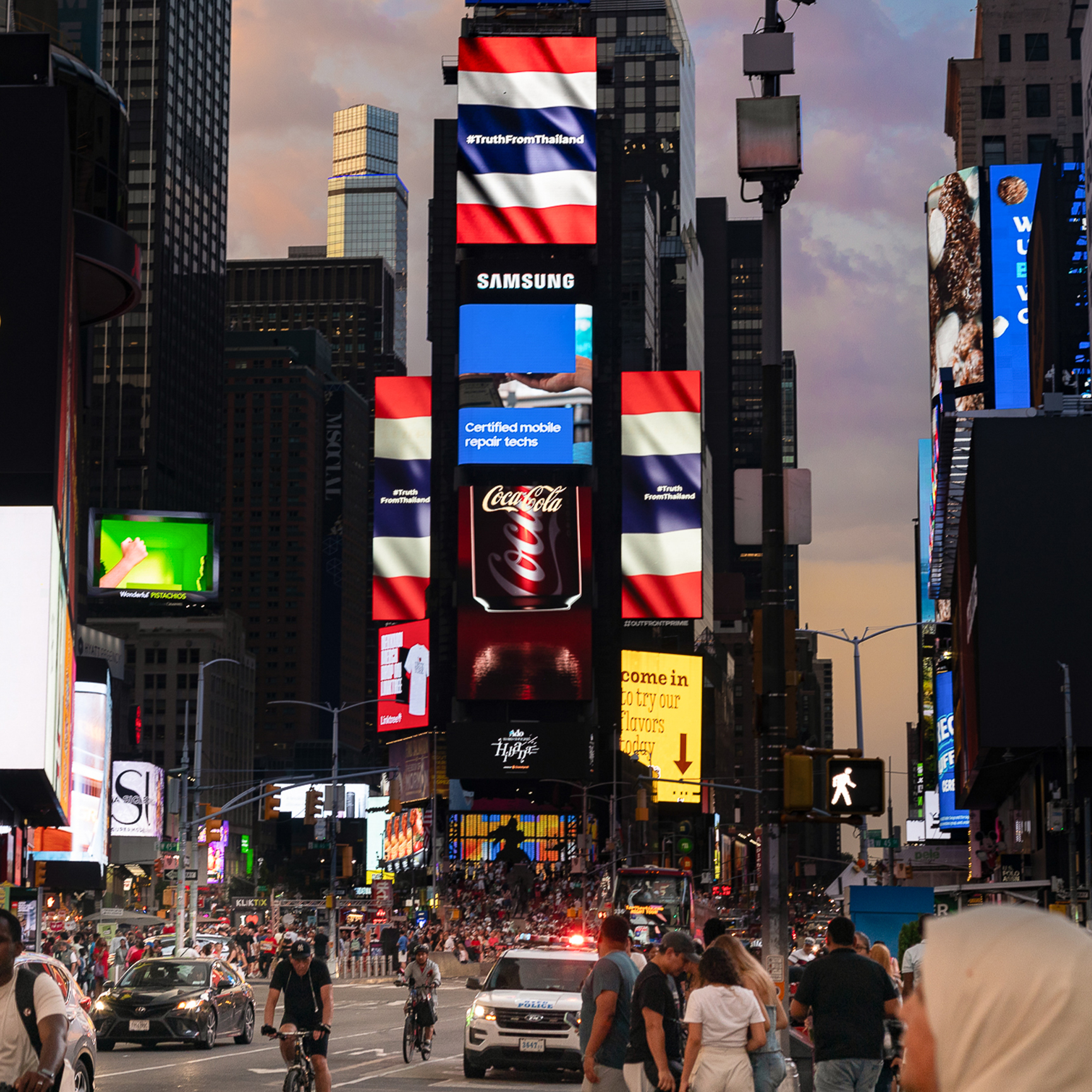 Thai flag displayed at Time Square, written #TruthFromThailand. (Photo: Plan B Media)