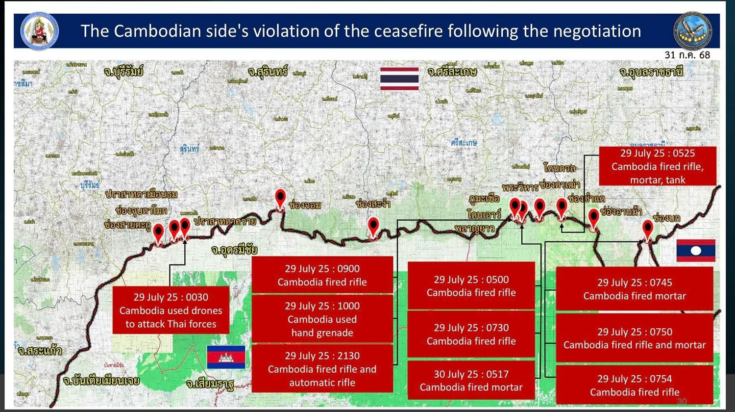 The Royal Thai Army shows areas being attacked by Cambodian forces.
