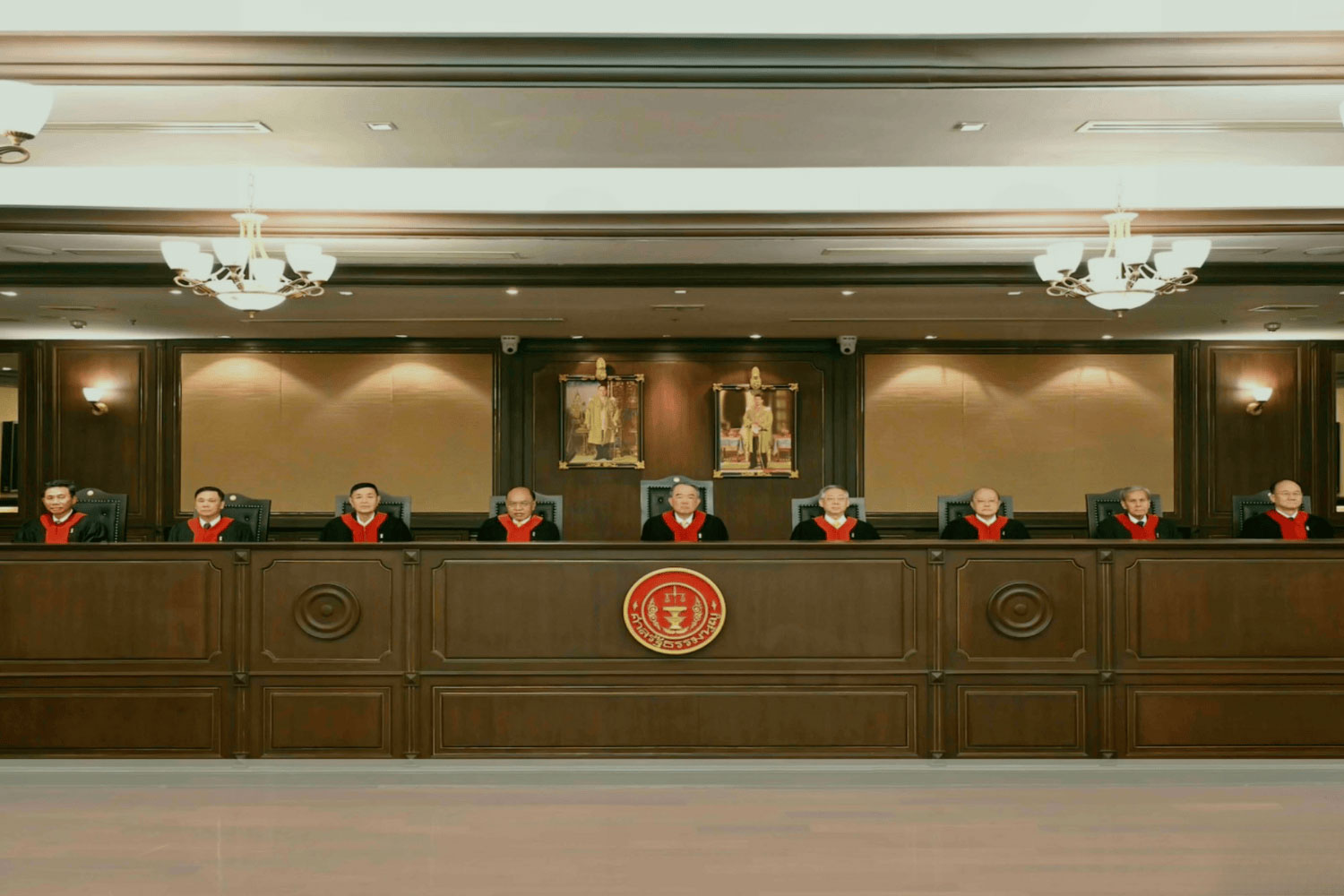 The nine Constitutional Court judges on Friday resolve to sack suspended Prime Minister Paetongtarn Shinawatra from office over the leaked audio recording with Hun Sen. (Screen capture from the Constitutional Court's video clip)