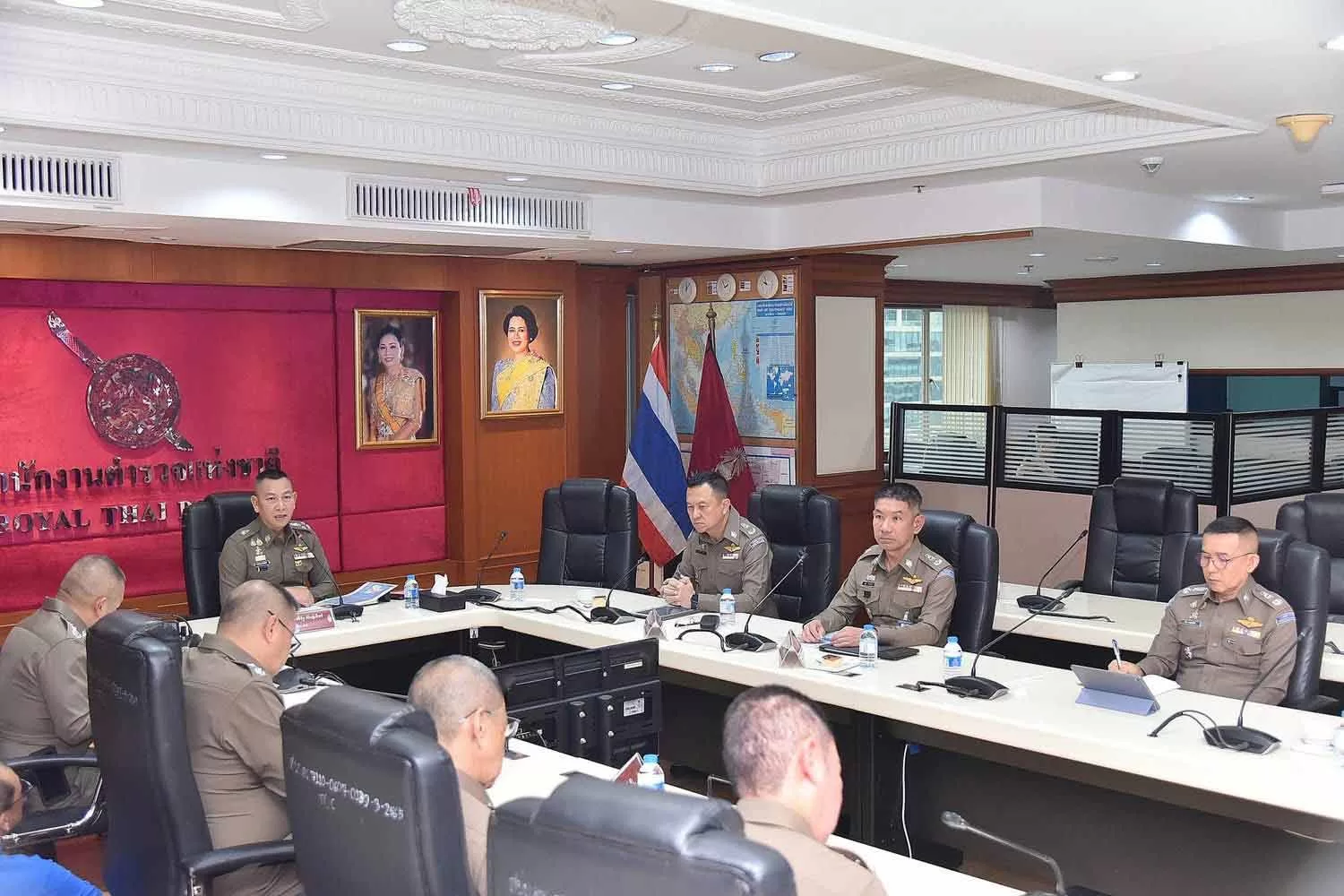 National police chief Pol Gen Kittharath Punpetch chairs a meeting with senior police officers to discuss solutions to the problems of innocent people whose accounts are frozen during a scam investigation, at Royal Thai Police headquarters in Bangkok on Tuesday. (Photo: RTPO)