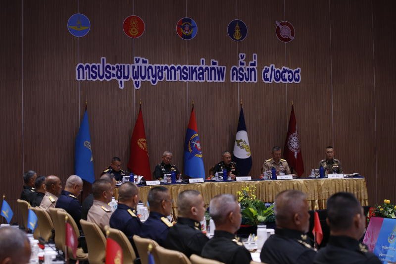 Chiefs of the Thai armed forces attend a meeting at the Royal Thai Armed Forces Headquarters in Bangkok on Friday to discuss the tense situation along the Thai-Cambodian border. (Photo: Pattarapong Chatpattarasill)