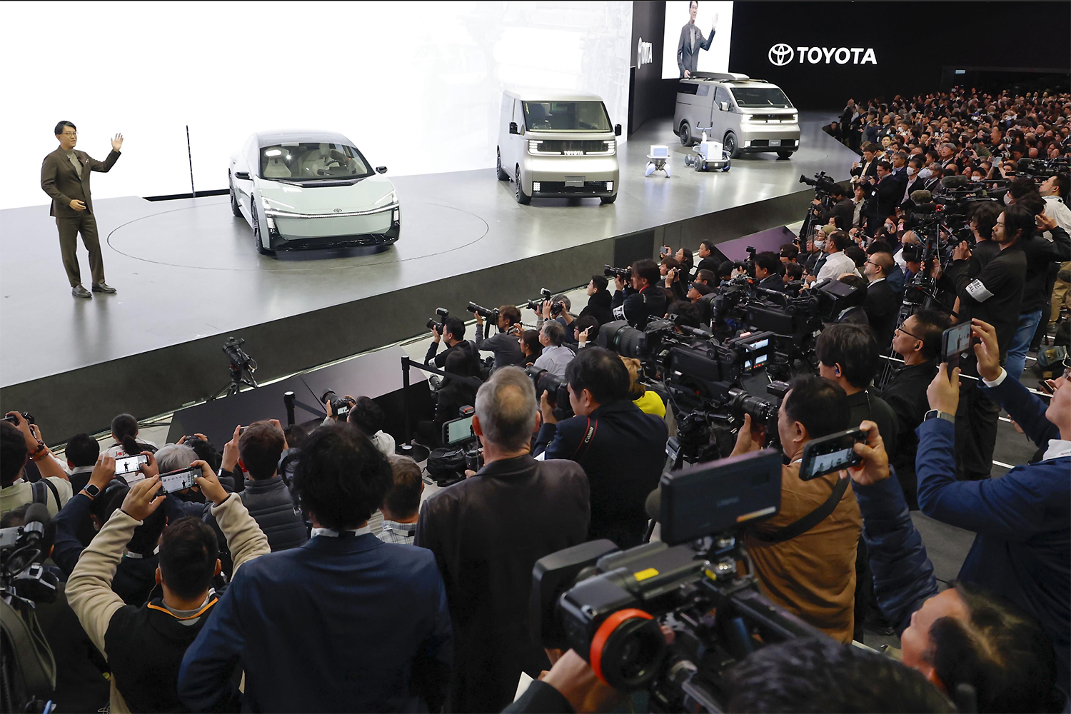 Toyota Motor Corp President Koji Sato speaks on a Japan Mobility Show stage at the Tokyo Big Sight convention centre in the capital on Wednesday. (Photo: Kyodo)