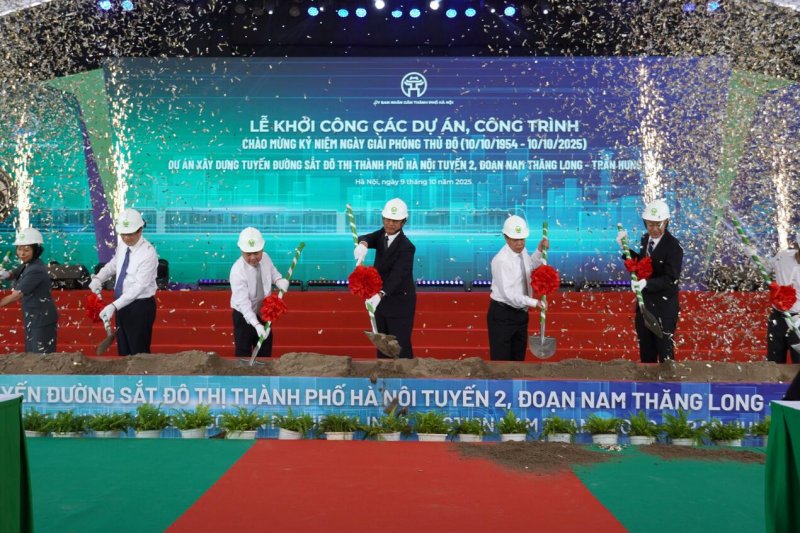 A groundbreaking ceremony for an urban railway project takes place in Hanoi, Vietnam, on Oct 9, 2025. (Photo: Kyodo)