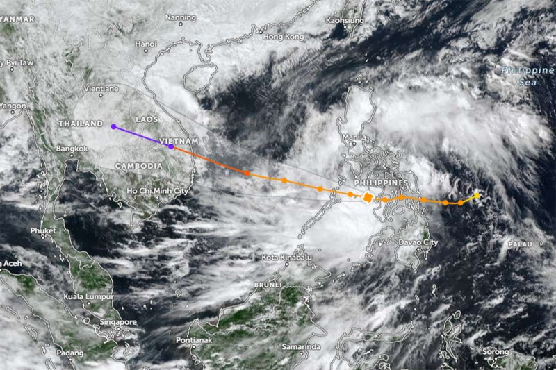 Ein Bild auf der Sturmverfolgungswebsite Zoomearth zeigt Taifun Kalmaegi, der sich westwärts über die Philippinen in Richtung Vietnam bewegt. Das System soll sich abschwächen und am Freitag im Nordosten Thailands starke Regenfälle verursachen.