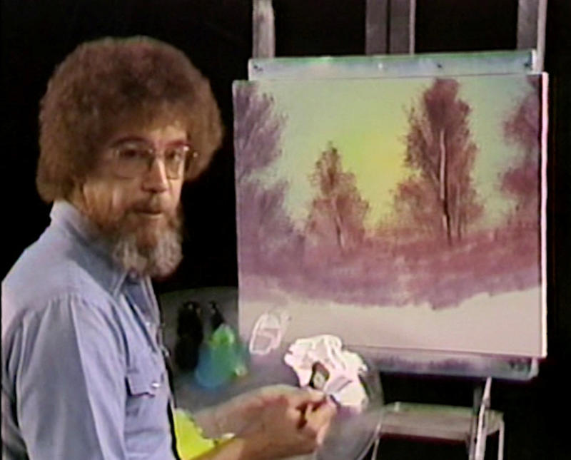 Painter Bob Ross is shown during the taping of his very first public television show ‘The Joy of Painting’ at the WNVC studio in Falls Church, Virginia, the United States, in this frame grab from video obtained by Reuters on Tuesday.