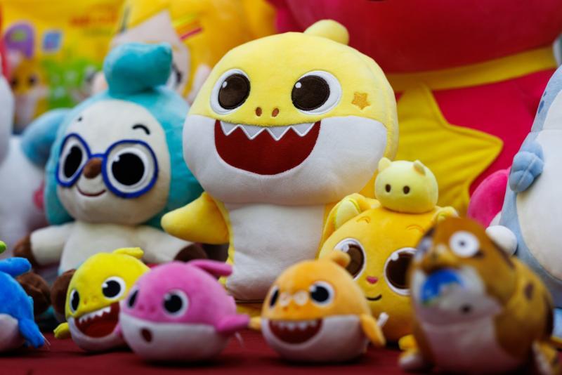 Pinkfong Co's Baby Shark character soft toys during the company's listing ceremony at the Korea Exchange (KRX) in Seoul, South Korea, on Tuesday. (Photo: Bloomberg)