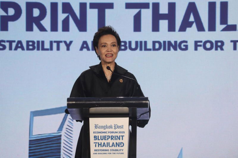 Commerce Minister Suphajee Suthumpun speaks at the Bangkok Post Economic Forum 2025 on Friday at the World Ballroom, Centara Grand at CentralWorld. (Photo: Nutthawat Wichieanbut)