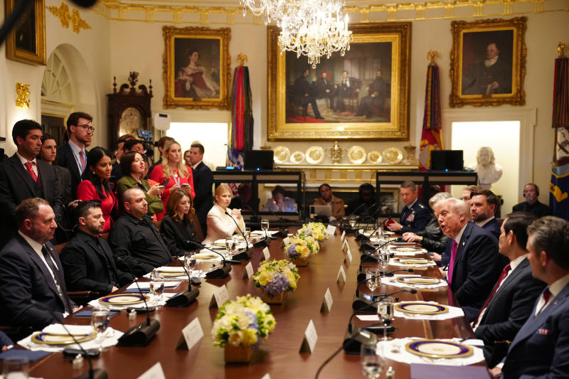 President Donald&nbsp;Trump, right, speaks during a luncheon with President Volodymyr Zelenskyy of&nbsp;Ukraine, seated second from left, in the Cabinet Room of the White House in Washington on Oct 17, 2025.&nbsp; (Photo: New York Times)